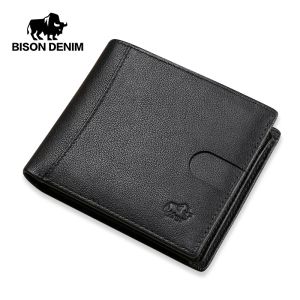 Portefeuilles bizon denim echte lederen heren portemonnee mode koehide munt pocket card houder mannen bifold portemonnee hoge kwaliteit korte portemonnee n4502