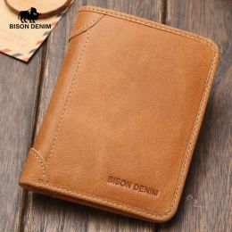 Billeteras bison denim genuino cuero billeteras billeteras vintage trifold billetera marca marca de masa de vaca billeteras rfid protección masculina