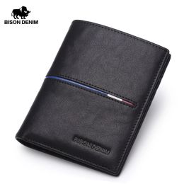 Portefeuilles bizon denim echte lederen portemonnee mannen merk mode korte portemonnees korte portemonnees munt portemonnee id creditcardhouder slanke bifold portemonnee mannen