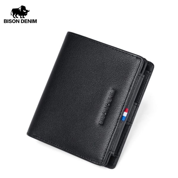 Portefeuilles bison denim authentique portefeuille en cuir homme trifold portefeuille court avec porte-carte de poche RFID bloquant le bourse mâle W45332b