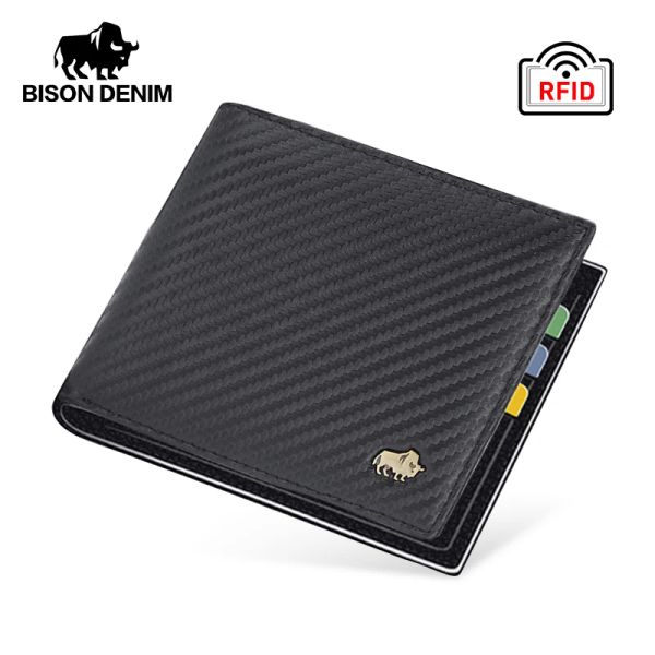 Billeteras bison de mezclilla textura de carbono fibra billeteras dinero bolsillo bolsillo bolsillo tarjetas plegolas billetera masculino pequeño bolso corto mejor regalo