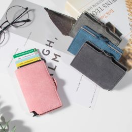 Portefeuilles casekey dropshipping mannelijke portemonnee denim lederen mini pop -up id creditcard case tas rfid slanke dunne smartcard houder geldbeutel