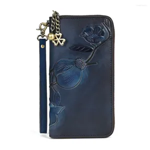 Portefeuilles Chinese stijl echt leer lange heren dames portemonnee clutch koe pols portemonnee zakelijk unisex mobiel geld muntzak