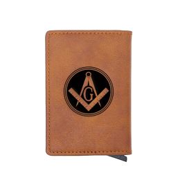 Wallets Classic láser grabado maestro diseño masón soporte para tarjetas de crédito hombres mujeres metal rfid caja de aluminio PU cuero billetera ba421