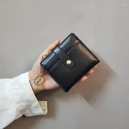 Carteras monedero de PU para mujer, cartera pequeña y fina, elegante con botón de Metal, tarjetero de cuero genuino, llavero