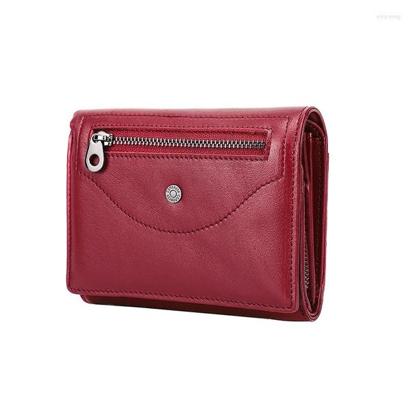 Cartera pequeña de contacto para mujer, monedero de cuero genuino, tarjetero corto para mujer, bolsillo para monedas con cremallera para mujer