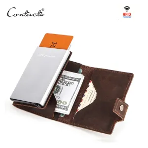 Portefeuilles CACTY'S Crazy Horse Leather Men Wallet RFID Blocking Blocking Credit Carte Box Aluminium Boîte pop-up automatique Purse de sécurité commerciale