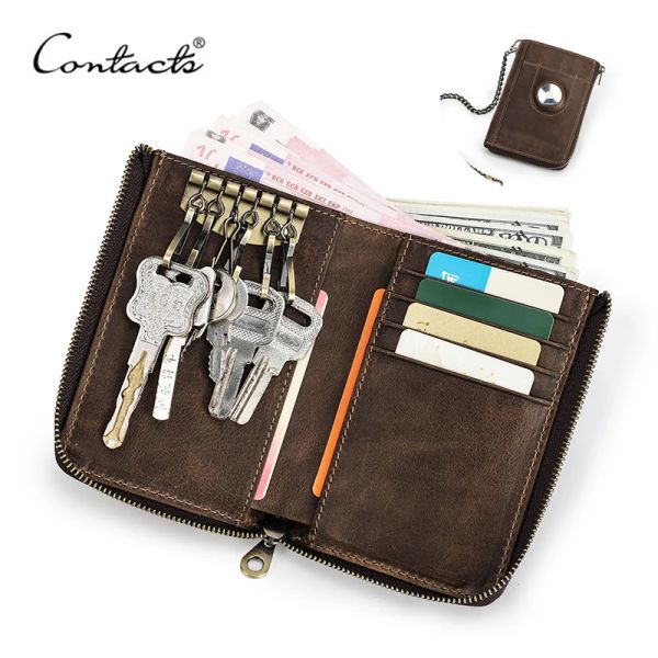 Portefeuille Contact Men de portefeuille Airtag Case RFID en cuir authentique petit portefeuille clés avec chaîne Male Burse à bandoulière