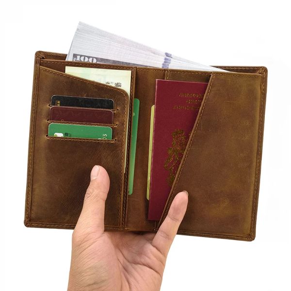 Portefeuilles Crazy Horse en cuir en cuir espèce Carte de carte de passeport Retro Card de carte rétro Homme Femmes Long Wallet Hommes Cow Hide Business Travel Passport Holder