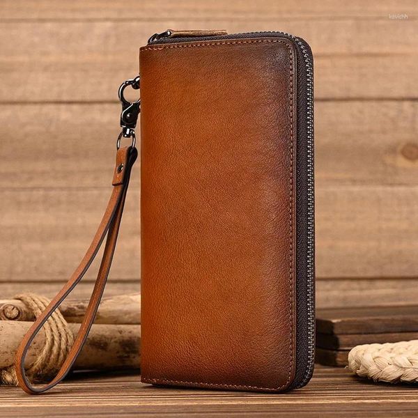 Carteras Crazy Horse Cartera larga de cuero para hombre Titular de la tarjeta Cremallera grande alrededor del teléfono celular genuino Monedero de embrague para hombre de negocios