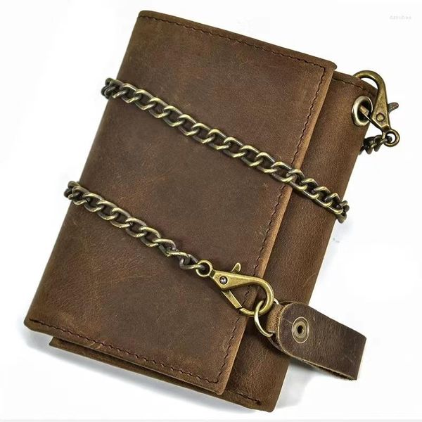 Cartera de cuero Crazy Horse para hombre, monedero corto de tres pliegues, minibolso de mano para llave de viaje para mujer con cadena antirrobo