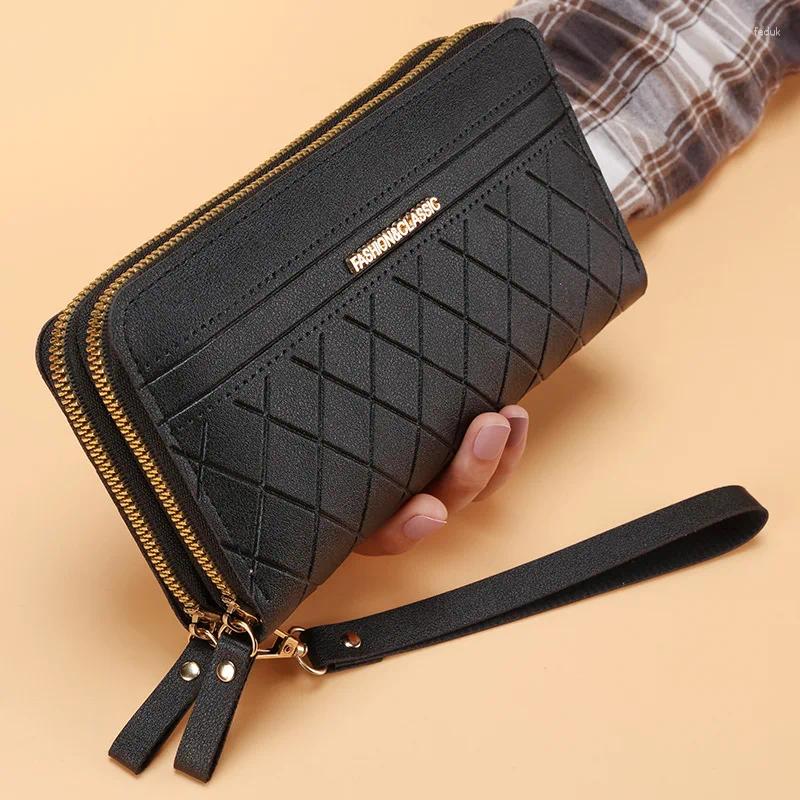 Plånböcker dubbel blixtlås lång plånbok för kvinnor enkla kvinnliga pursar myntväska korthållare mode retro stor kapacitet