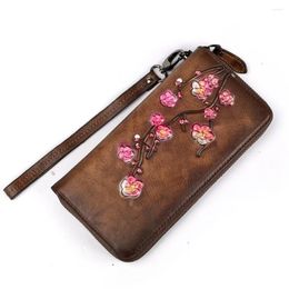 Portefeuilles Reliëf Vrouwelijke Rits Portemonnee Clutch Polstassen Kaarten Clip Pruimbloem Retro Geld Handige Tas Echt Leer Dames Lange Portemonnee