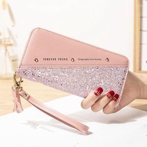 Portefeuilles mode lovertjes patchwork glitter portemonnee voor vrouwen lange pu lederen rits zipper munt portemonnee houders vrouwelijke kwast portemonnees