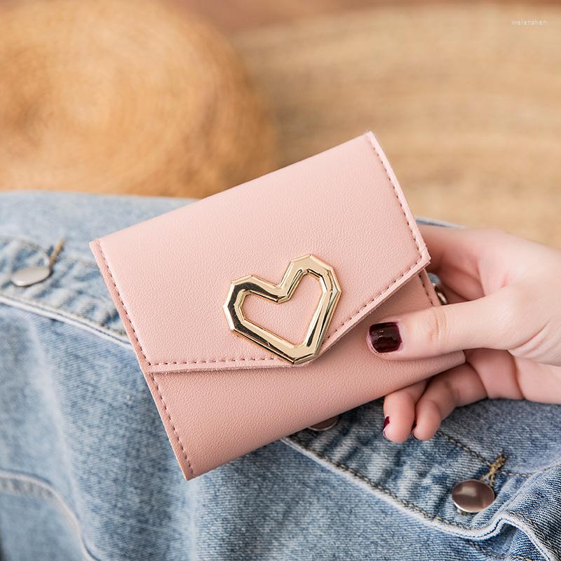 Plånböcker mode korta plånbok kvinnors koreansk stil hjärtformad liten enkel fyrkantig trifold myntväska
