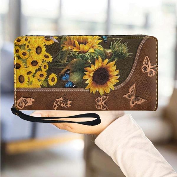 Brieftaschen Mode Brieftasche Reißverschluss Geldbörse Sonnenblume Schmetterling Designer PU Leder Weibliche Lange Handtasche Kupplung Kartenhalter Bolsas
