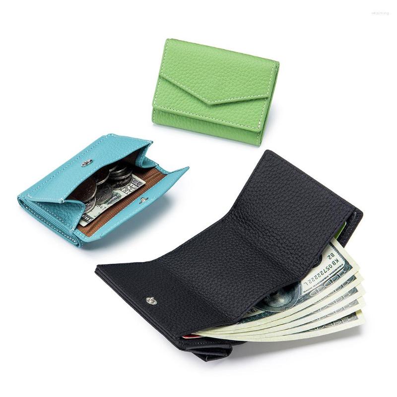 Plånböcker mode kvinnor kort äkta läder tre vik korthållare plånbok solida riktiga ko kvinnliga plånböcker för