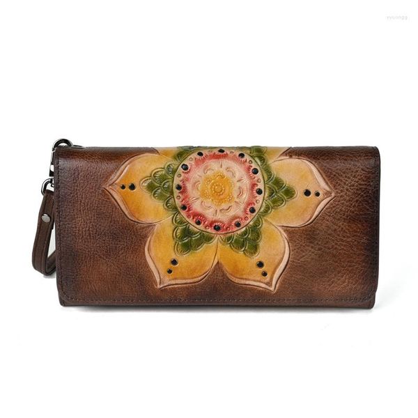 Portefeuilles Floral en cuir véritable sac à main femmes à la main véritable première couche vache porte-carte portefeuille Vintage grande femme pochette