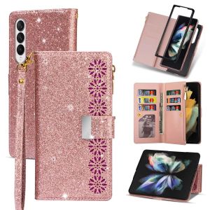 Portefeuilles voor Samsung z vouw 3 telefoonhoesje glinsterende glitter zipperkaart slot polsband portemonnee deksel voor Galaxy Z FOLD4 S23 Ultra S22 S21Plus