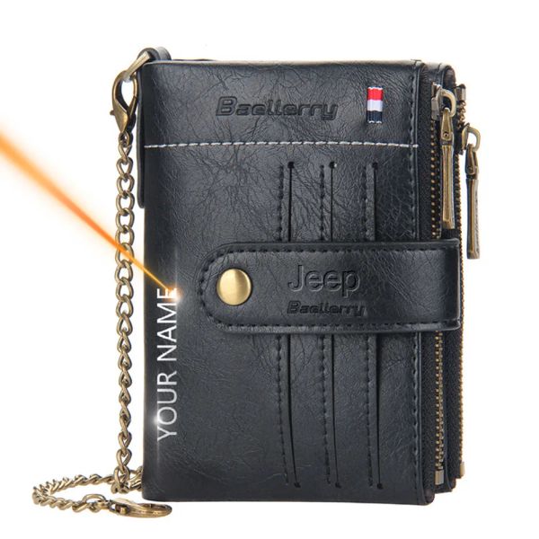 Billeteras grabado gratis para hombres cortos billeteras de cadena personalizada con carpol de cuero de alta calidad billeteras de bolso regalos personalizados para él