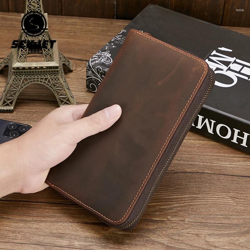 Wallets Genuine Leather Men Long Vintage Zipper Coin Purse Casual Holder For Male Phone Clutch Money Bags JYY844