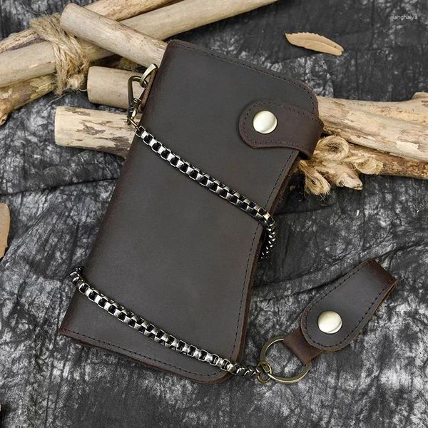 Carteras Monedero de cuero genuino para hombres Cartera multitarjeta con eslinga de muñeca Negro Marrón Teléfono móvil de 6 pulgadas