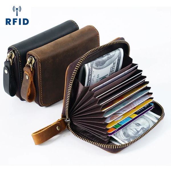 Portefeuilles en cuir authentique RFID anti-magnétique de grande capacité Carte de carte Vintage Retro Style pour portefeuille Unisexe Carte Holder Portefeuille