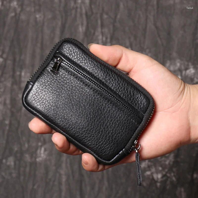 Plånböcker äkta läder lämplig för män kvinnor ficka mini dragkedja små plånböcker retro nyckelhållare pengar väska mynt byte handväska