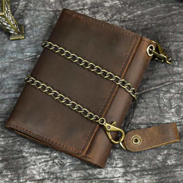 Carteras de cuero genuino para hombre, billetera Vintage con cadena, bolso de mano con cremallera, monedero corto con triple pliegue, tarjetero, regalo de bolsillo para monedas