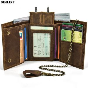 Portefeuilles portefeuille en cuir authentique pour hommes mâles vaches vintage vachers courts trifold mecs de bourse de bourse clés clés slot argent sac d'argent avec chaîne marron