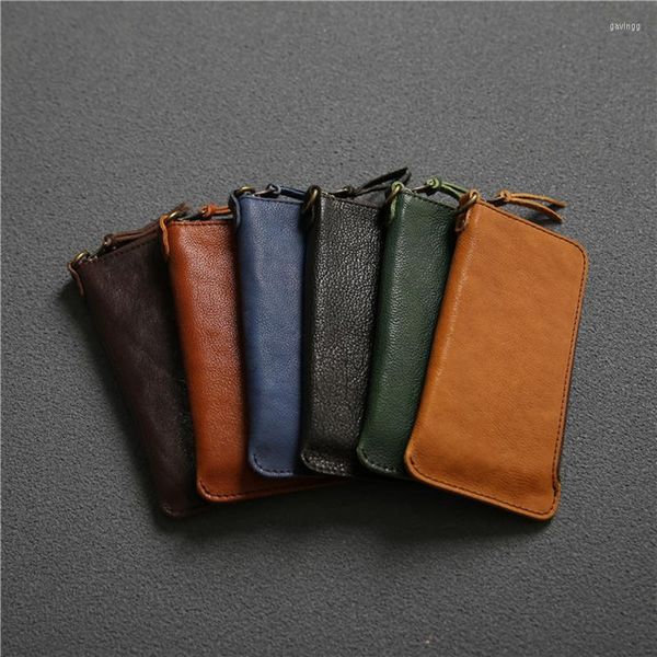 Portefeuilles Portefeuille en cuir véritable pour hommes femmes haut Grain peau de vache Vintage à la main longue fermeture éclair pochette hommes sac à main porte-carte sac de téléphone portable