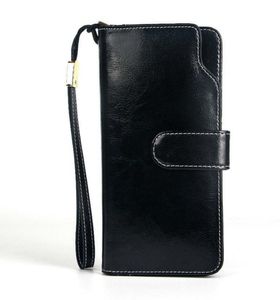 Portefeuilles en cuir véritable femmes portefeuille femme poignet huile cire sac à main longue poche à monnaie téléphone pochette pochette