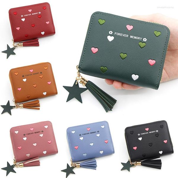 Billeteras con forma de corazón para mujer, minicartera con borlas para mujer, monedero de piel sintética con cremallera corta para chica bonita, monedero para mujer