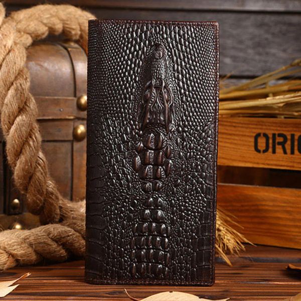 Portefeuilles de haute qualité hommes authentiques cuir long portefeuille crocodile à grain d'huile cire de vache de vache rétro mâle multi-cartes d'embrayage argent sac à main