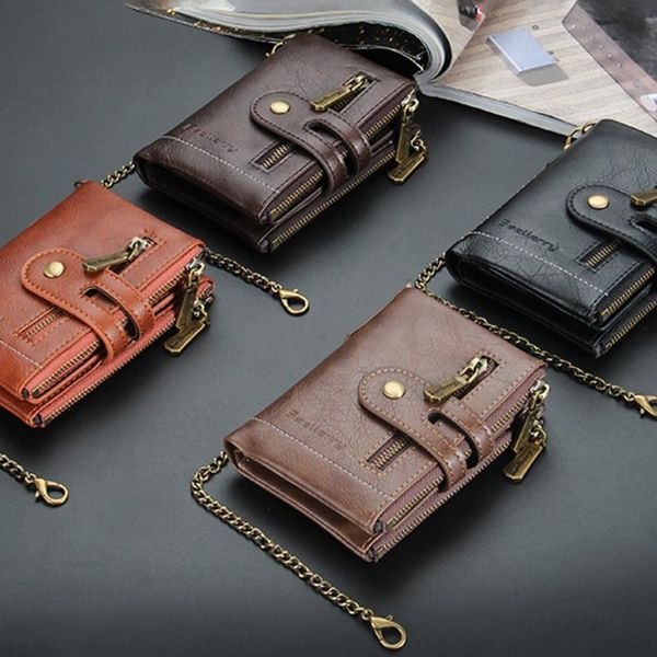 Portefeuilles de haute qualité portefeuille pour hommes en cuir véritable court mâle multi-carte sac à main fermeture éclair pochette rétro trois fois chaîne sac d'argent