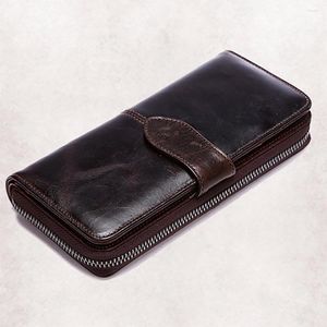 Portefeuilles haute qualité huile cire en cuir véritable Long portefeuille hommes pochette fermeture éclair poche porte-carte Vintage porte-monnaie à deux volets