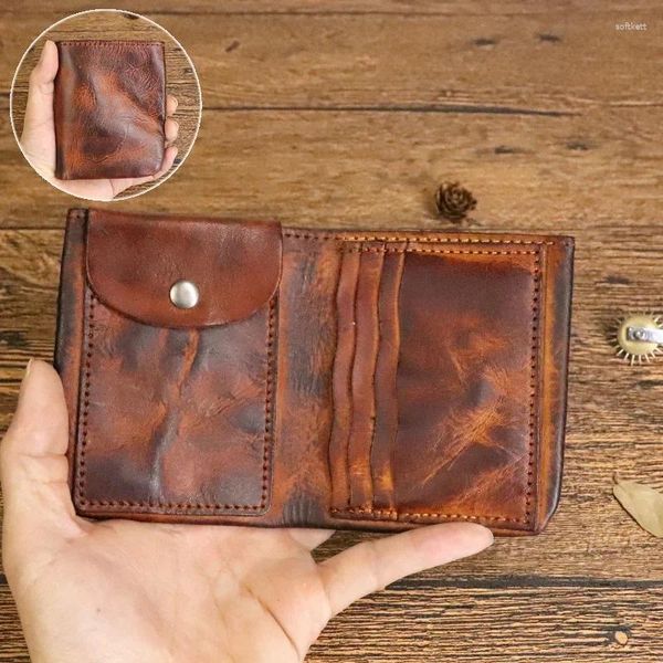 Carteras de cuero de vaca japonés para hombre, billetera cero, capa de cuero curtido vegetal, corto, grande, con Clip para dinero, bolsa para tarjetas