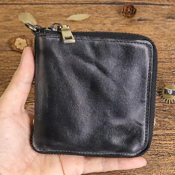 Carteras Japonés Vintage Corto Cuero Genuino Cartera Planta Curtido Cuero Lavado Cuero Personalizado Moda Hombre Cremallera