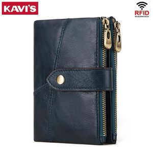 Carteras KAVIS Rfid Cartera de cuero genuino para hombre, monedero, cartera para hombre, Portomonee, bolsa de dinero, tarjetero pequeño, Color azul, Fashion281e