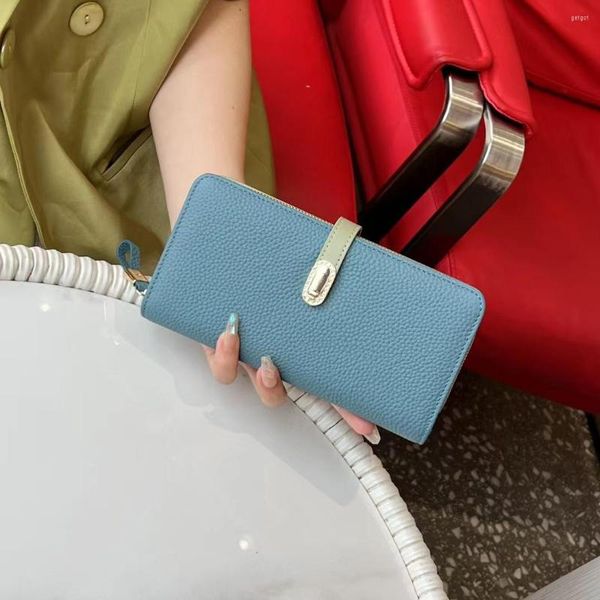 Billeteras para mujer, billetera larga de cuero de vaca genuino, bolso de teléfono con patrón de grano de lichi, monedero de mano para mujer, tarjetero de moda de Corea