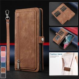 Portefeuilles Long Lanyard Flip Leather Téléphone pour Samsung Galaxy S23 S22 Ultra S21 Fe S20 S10 Plus Note 20 Portefeuille à fermeture éclair Multi