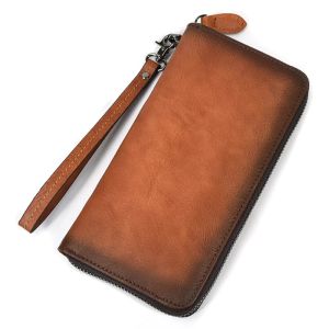 Portefeuilles long portefeuille authentique en cuir hommes femmes portefeuille portefeuille portefeuille en cuir avec bracelet de poigne