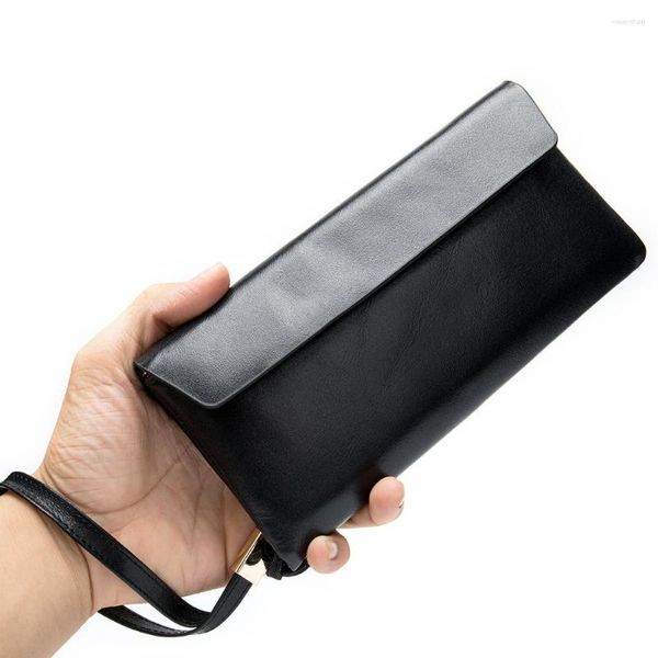 Carteras de lujo para hombre y mujer, cartera de mano de cuero genuino, monedero largo fino para mujer, bolso de mano para dinero