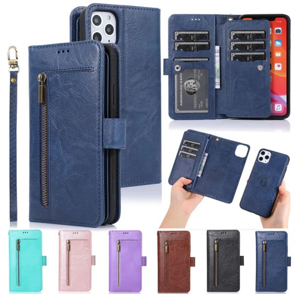 Billeteras estuche de cuero magnético para iPhone 14 13 12 11 Pro XS Max XR X SE 2022 8 7 6 6s Plus Tarjeta de billetera con cremallera Cubierta de bolsas extraíbles