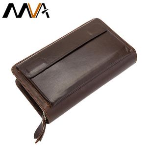 Carteras de cuero genuino para hombre, cartera de mano larga, tarjetero, monedero para hombre, doble cremallera, bolsillo, monedero, 9069