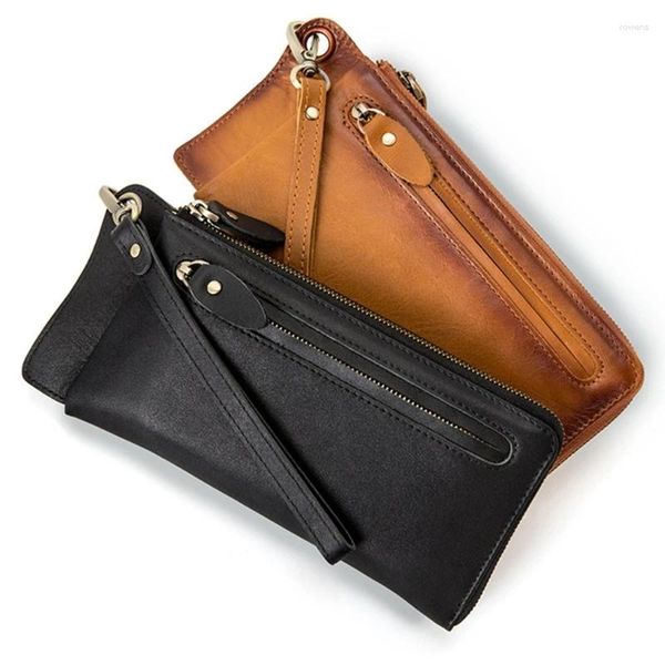 Portefeuilles hommes en cuir véritable Long portefeuille affaires bracelet sac à main porte-argent sac mâle fermeture éclair changement poche téléphone