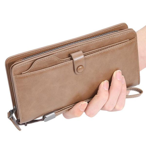 Portefeuilles hommes longue conception de mode porte-carte à glissière en cuir PU sac à main solide poche à monnaie de haute qualité mâle main StrapWallets