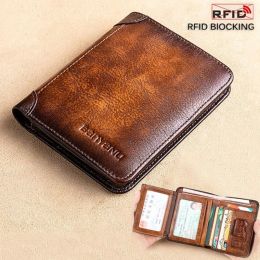 Portefeuilles portefeuille en cuir authentique durable RFID Blocking Trifold Vintage Multifinection d'identité Carte d'identité Male Pours Male Bag Gift Gift