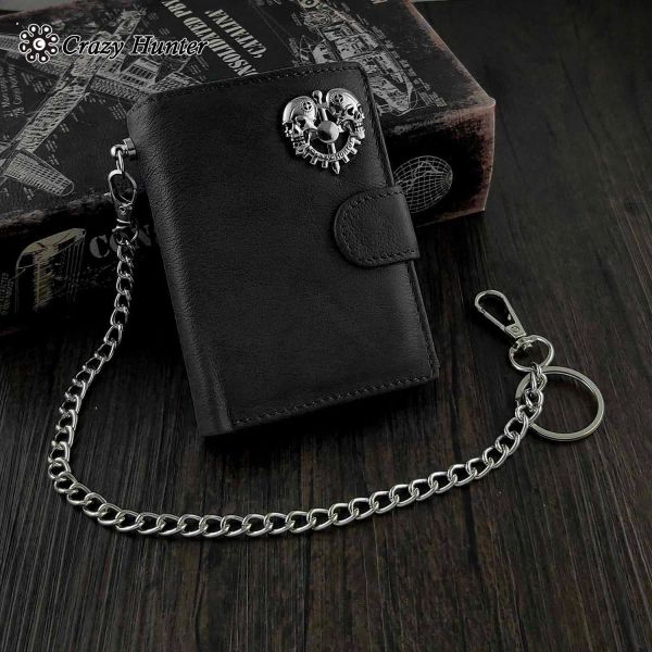 Portefeuille de cartes à bouteille en cuir authentique pour hommes / portefeuille de motards argent avec une chaîne de clés sûre