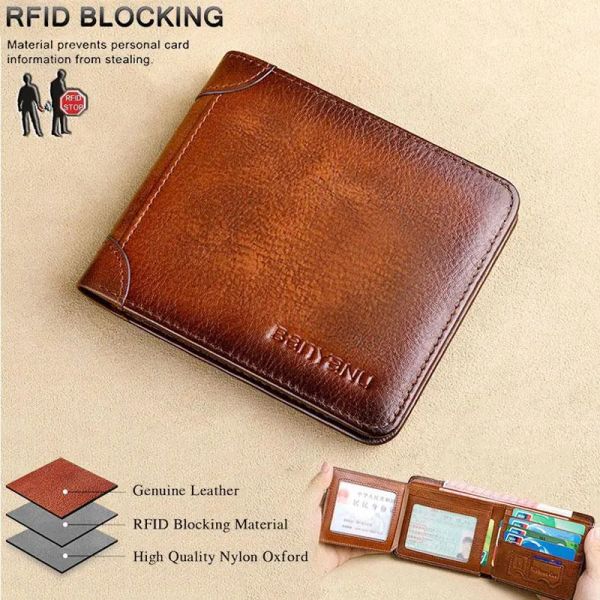 Portefeuilles RFID masculin bloquant le portefeuille en cuir authentique bifold vintage slim court métallique grande capacité